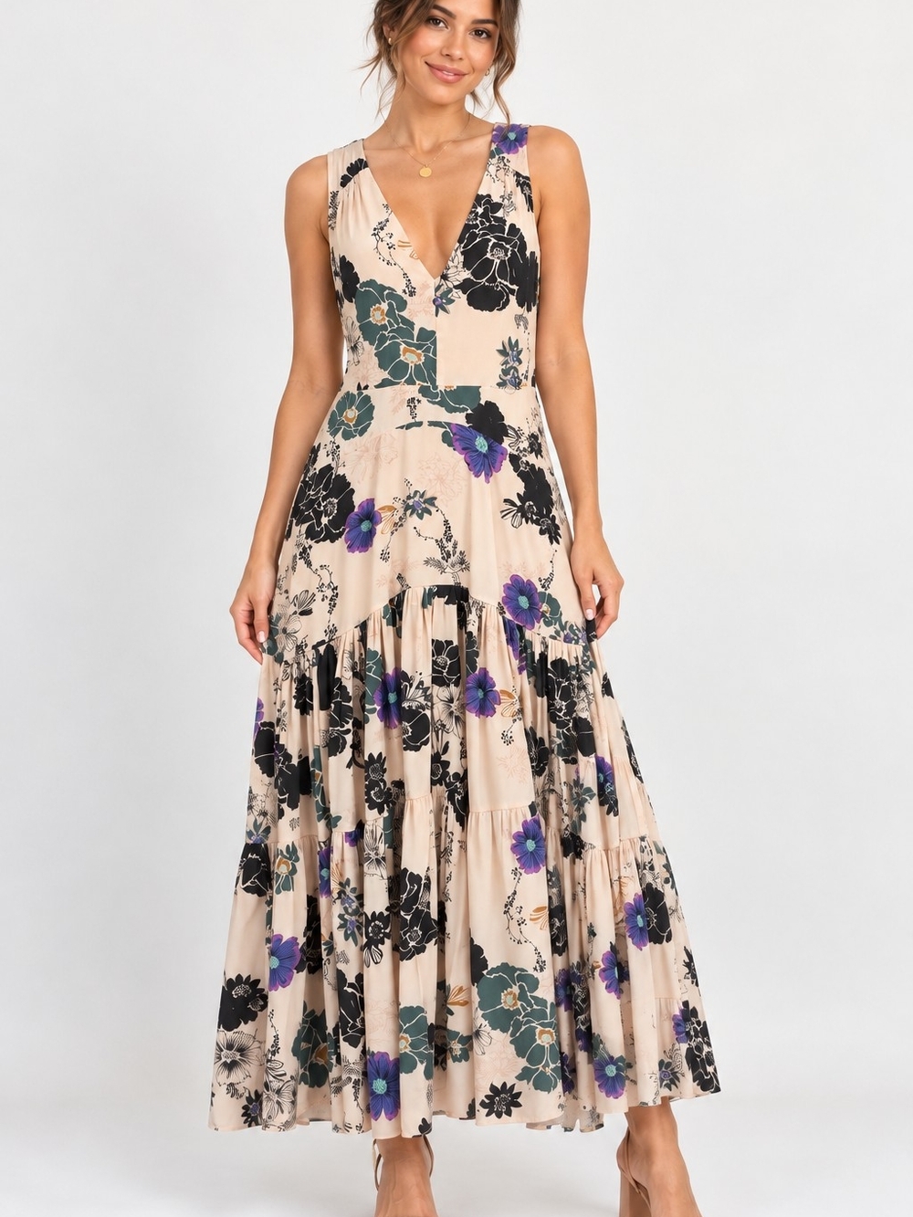 Free People Floral Tiered Maxi Dress Size 4 Deep V Neck Boho